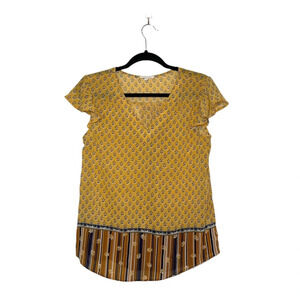 Maurices Mustard Yellow Patterned Contrast Flutter Sleeve Blouse Small Women’s